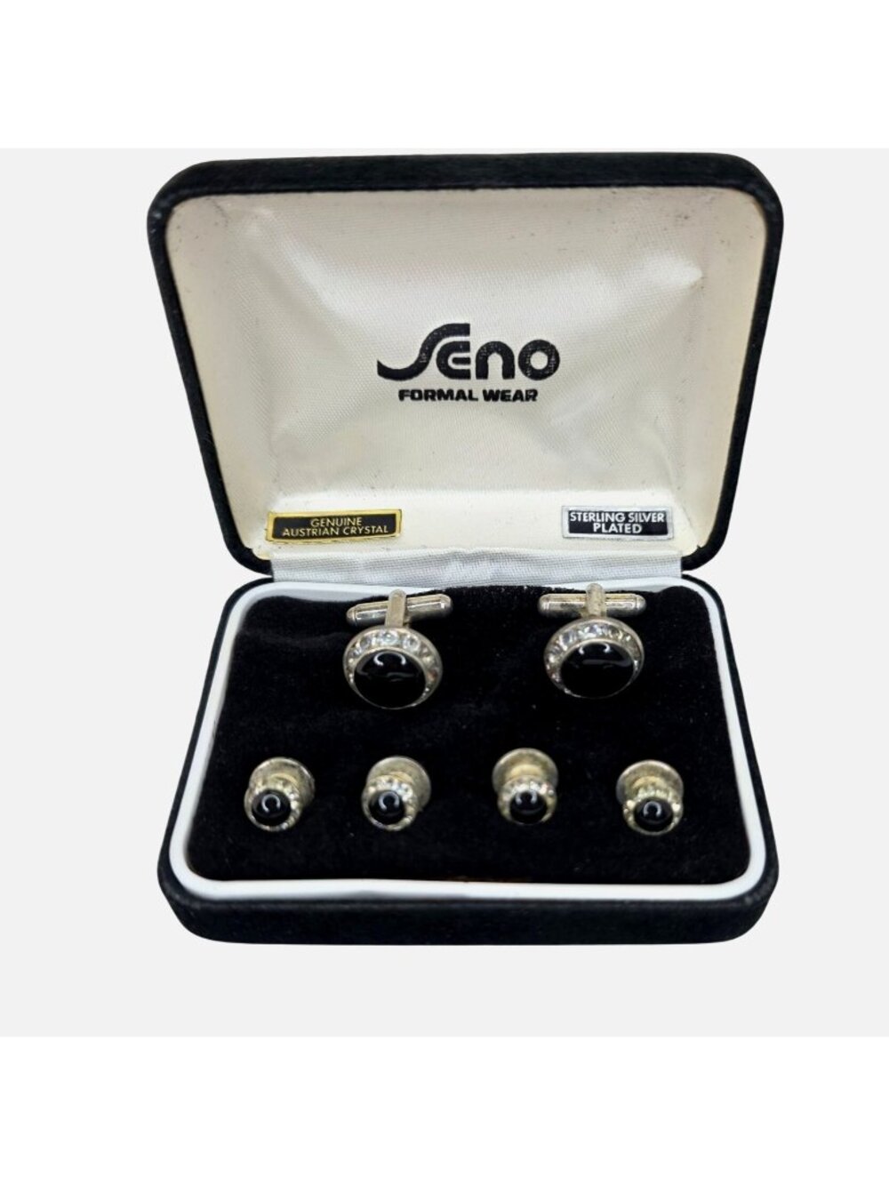 Sterling Silver Plated Tuxedo Set Cufflink & Shirt Stud Set Austrian Crystals